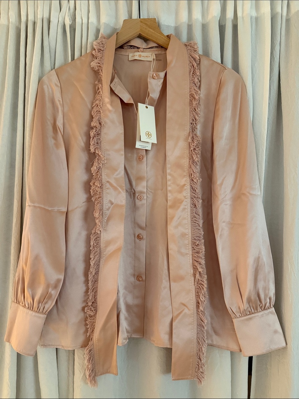 Tory Burch Blush Pink Silk-Blend Fringe Trim Button-Down